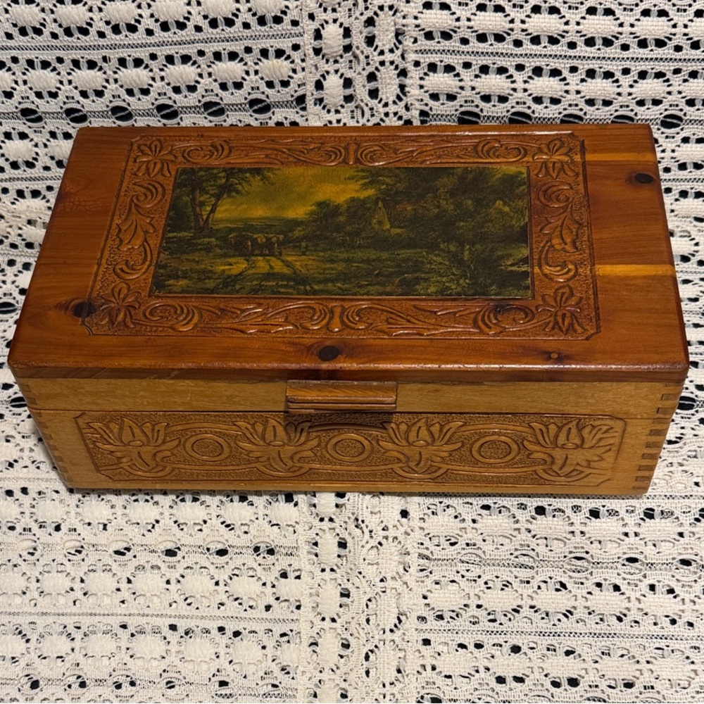 Hand-Carved Wooden Keepsake Box with Dovetail Corners, Scenic Inlay and Mirror